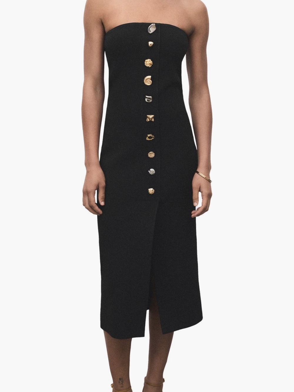 Mango Black Strapless Midi Dress with Mixed Metal Buttons